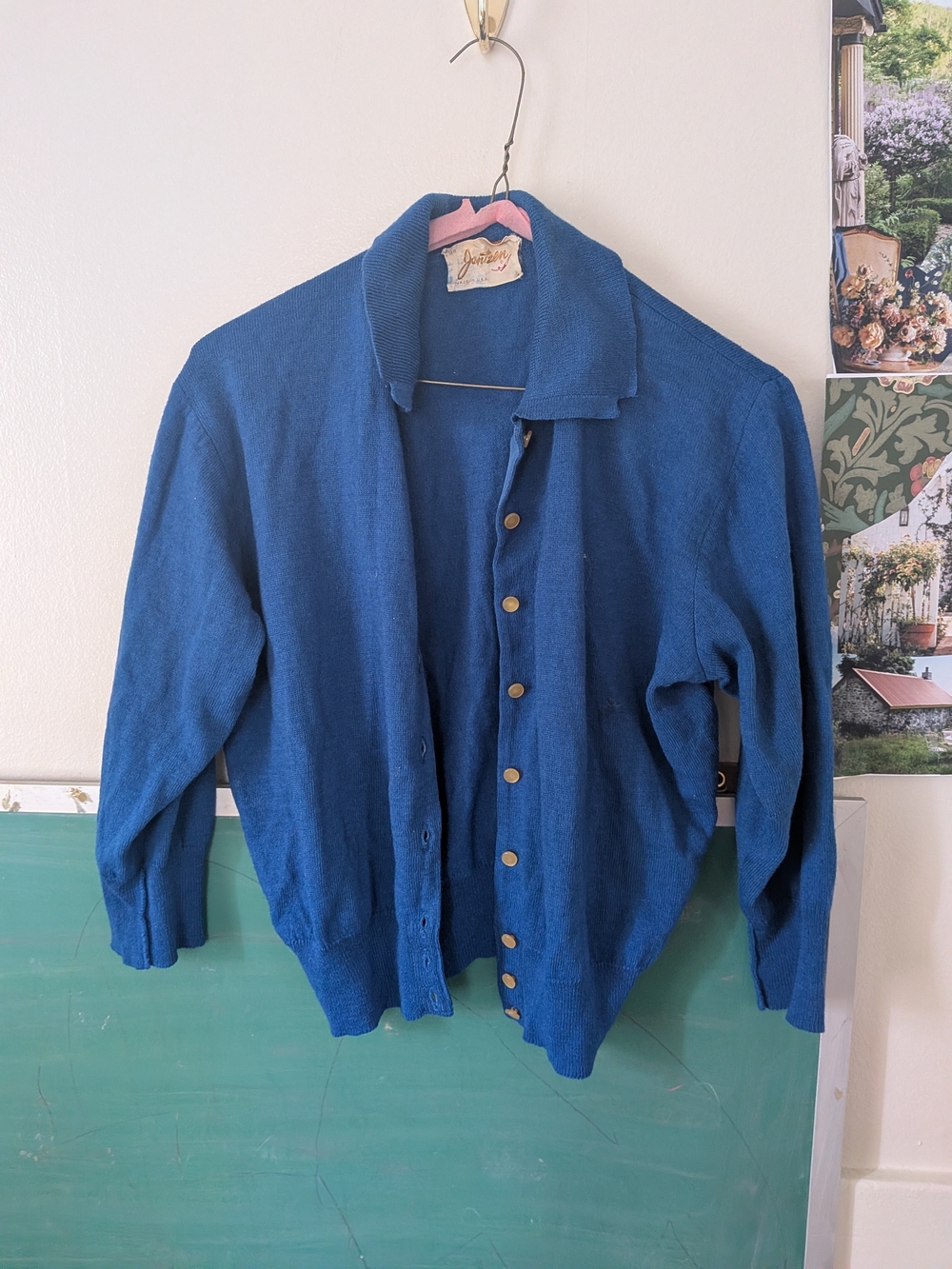 1950s Cropped Jantzen Blue Lightweight Button-Front Sweater Jacket